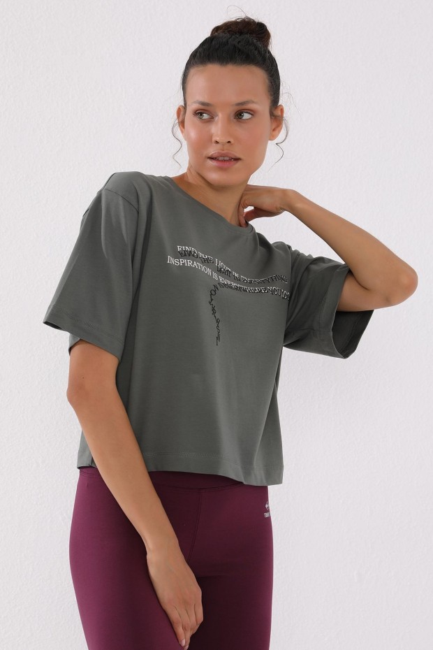 Çağla Yazı Baskılı Kısa O Yaka Kadın Oversize T-Shirt - 97135