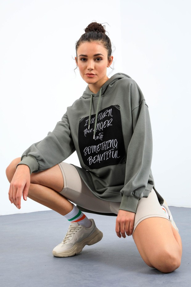 Çağla Yazı Dokuma Yamalı Kapüşonlu Kadın Oversize Sweatshirt - 97178