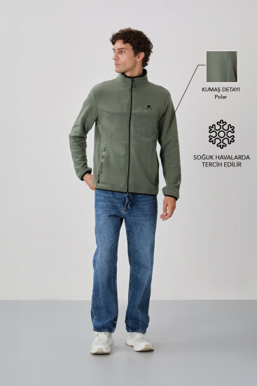 Çağla Yazı Nakışlı Dik Yaka Fermuarlı Standart Kalıp Erkek Sweatshirt Polar - 87992 