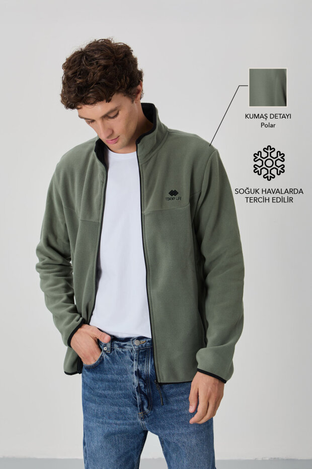 Çağla Yazı Nakışlı Dik Yaka Fermuarlı Standart Kalıp Erkek Sweatshirt Polar - 87992 - 1