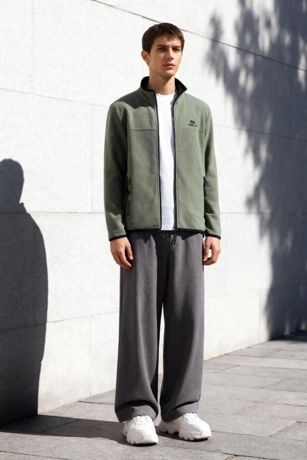 Çağla Yazı Nakışlı Dik Yaka Fermuarlı Standart Kalıp Erkek Sweatshirt Polar - 87992 - 1