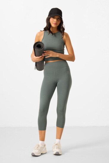 Çağla Yüksek Bel Kapri-Crop Atlet Slim Fit Kadın Tayt Takım - 95284 