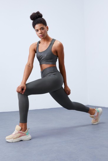 Çağla Yüksek Bel Toparlayıcılı Sırt Detaylı Slim Fit Büstiyer Kadın Tayt Takım - 95281 