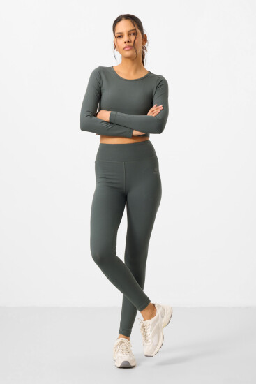 Çağla Yüksek Bel Uzun Kollu Slim Fit Crop Top Kadın Tayt Takım - 95286 