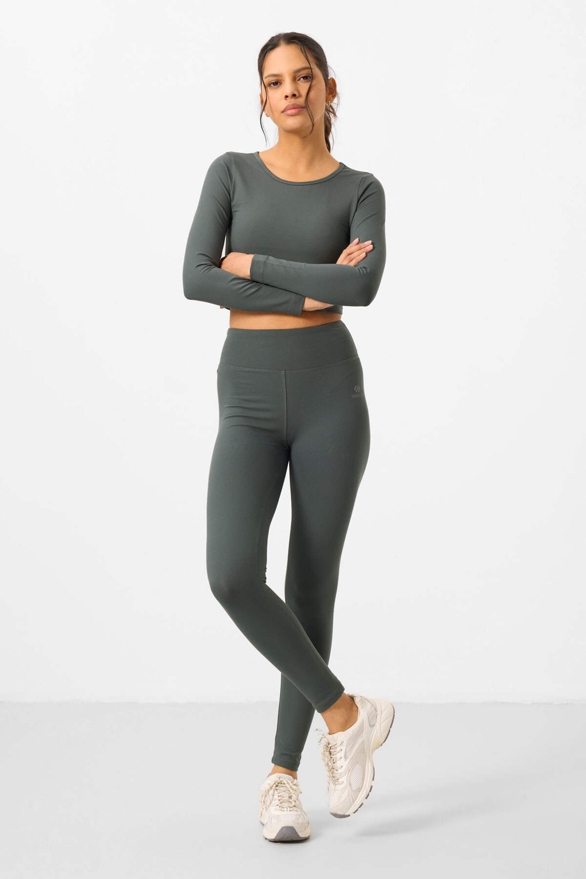 Çağla Yüksek Bel Uzun Kollu Slim Fit Crop Top Kadın Tayt Takım - 95286 - TOMMYLIFE