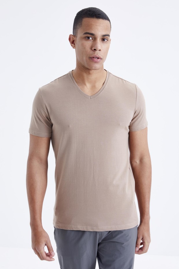 Camel Basic Kısa Kol Standart Kalıp V Yaka Erkek T-Shirt - 87912
