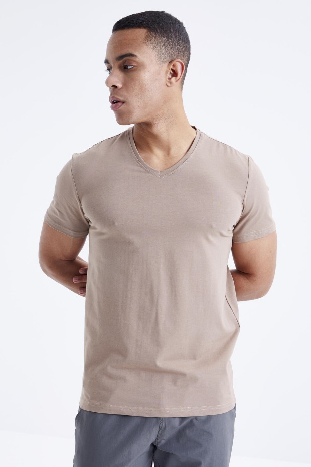 Camel Basic Kısa Kol Standart Kalıp V Yaka Erkek T-Shirt - 87912