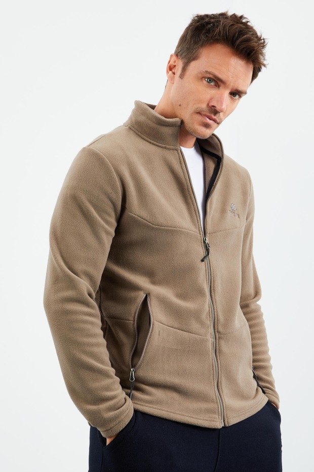 Camel Dik Yaka Fermuarlı Standart Kalıp Erkek Polar Sweatshirt - 87993