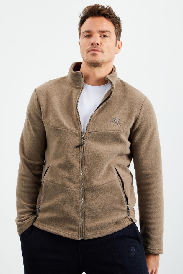 Camel Dik Yaka Fermuarlı Standart Kalıp Erkek Polar Sweatshirt - 87993