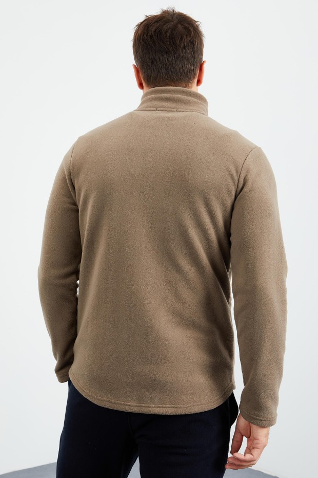 Camel Dik Yaka Fermuarlı Standart Kalıp Erkek Polar Sweatshirt - 87993