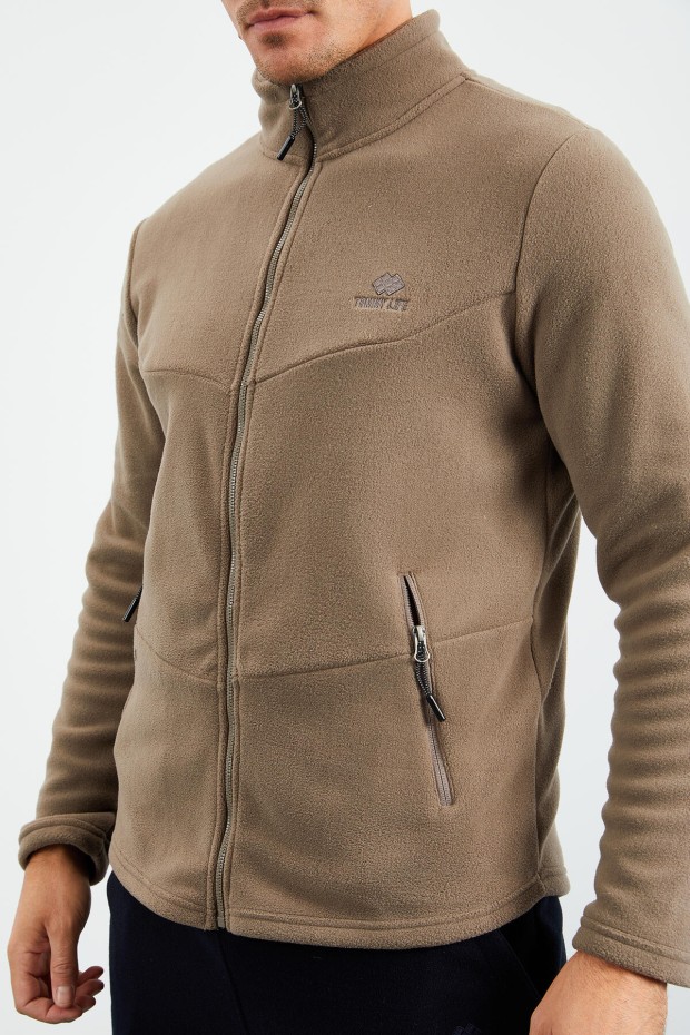 Camel Dik Yaka Fermuarlı Standart Kalıp Erkek Polar Sweatshirt - 87993