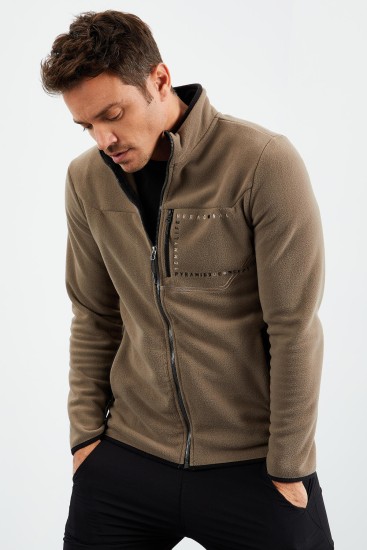 Camel Fermuarlı Üç Cepli Standart Kalıp Dik Yaka Erkek Sweatshirt Polar - 87995 