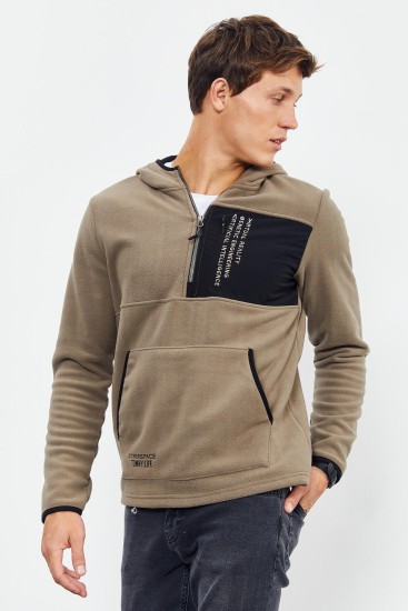Camel Nakışlı Yarım Fermuar Kapüşonlu Standart Kalıp Erkek Polar Sweatshirt - 87996 