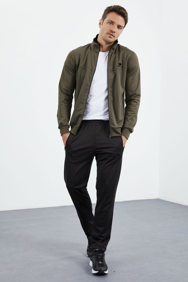 Camel - Siyah Dik Yaka Fermuarlı Standart Kalıp Klasik Paça Erkek Eşofman Takımı - 85162 - 1