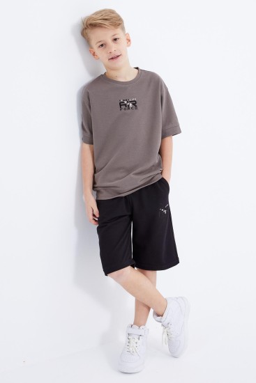 Camel - Siyah Yazı Nakışlı Oversize Erkek Çocuk Şort Takım - 10897 
