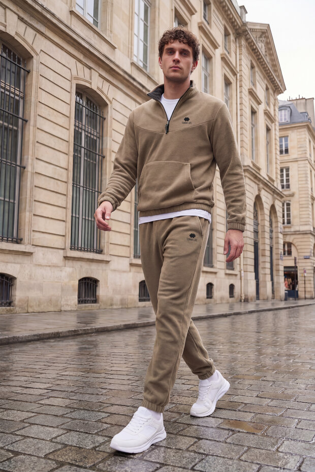 Camel Yarım Fermuar Dik Yaka Lastik Paça Polar Erkek Eşofman Takımı - 85159 - 1