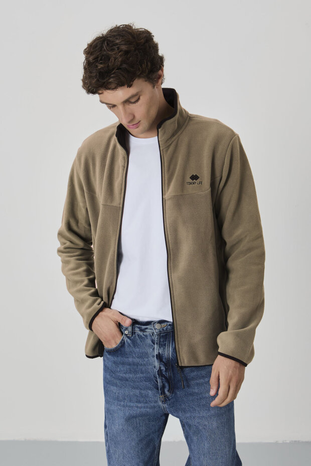 Camel Yazı Nakışlı Dik Yaka Fermuarlı Standart Kalıp Erkek Sweatshirt Polar - 87992 - 3