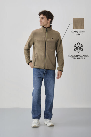 Camel Yazı Nakışlı Dik Yaka Fermuarlı Standart Kalıp Erkek Sweatshirt Polar - 87992 