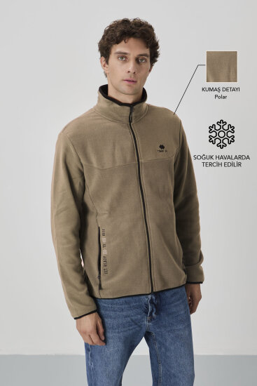 Camel Yazı Nakışlı Dik Yaka Fermuarlı Standart Kalıp Erkek Sweatshirt Polar - 87992 