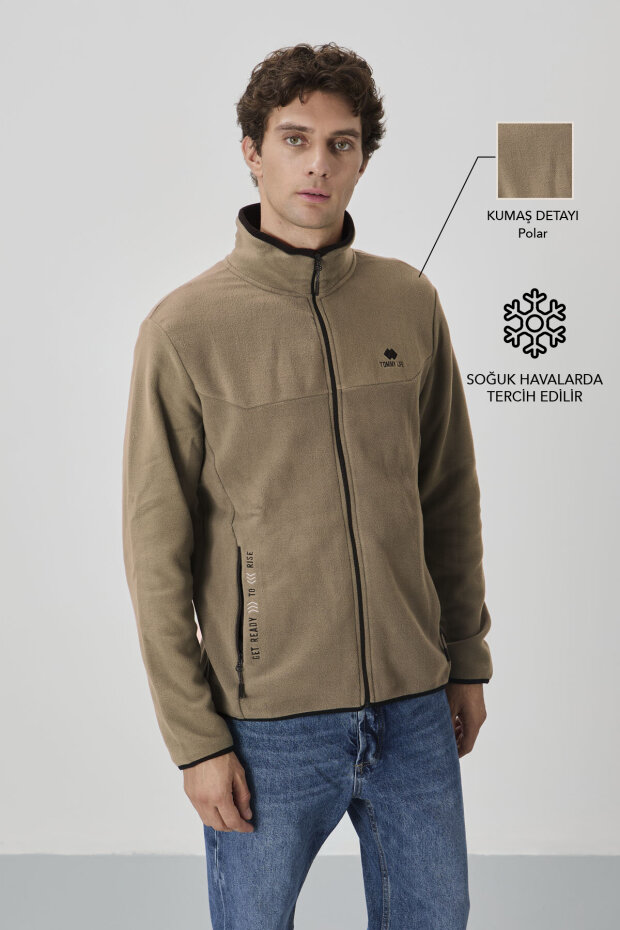 Camel Yazı Nakışlı Dik Yaka Fermuarlı Standart Kalıp Erkek Sweatshirt Polar - 87992 - 1