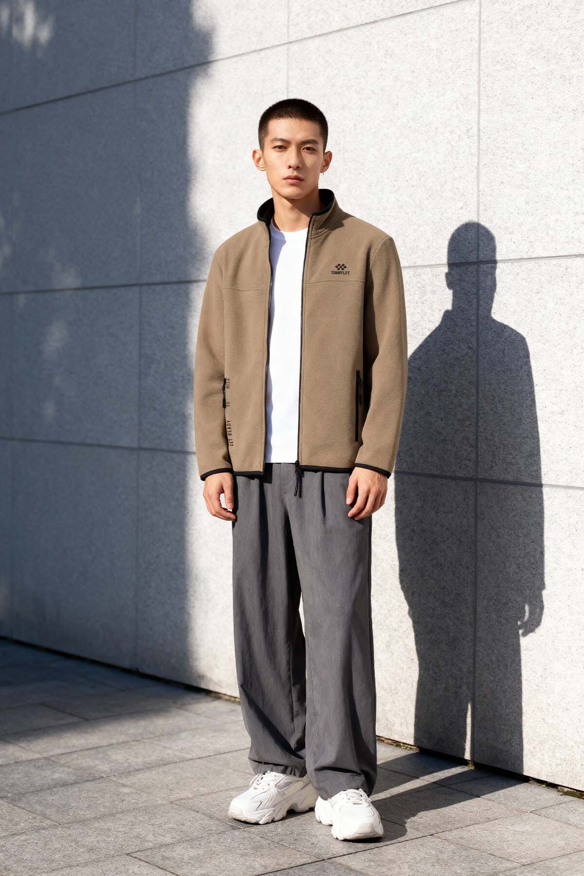 Camel Yazı Nakışlı Dik Yaka Fermuarlı Standart Kalıp Erkek Sweatshirt Polar - 87992 - TOMMYLIFE