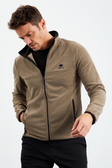Camel Yazı Nakışlı Dik Yaka Fermuarlı Standart Kalıp Erkek Sweatshirt Polar - 87992 