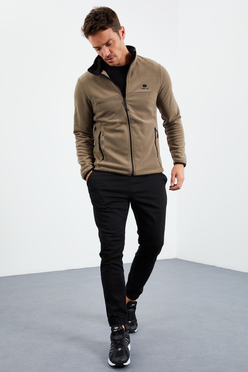 Camel Yazı Nakışlı Dik Yaka Fermuarlı Standart Kalıp Erkek Sweatshirt Polar - 87992