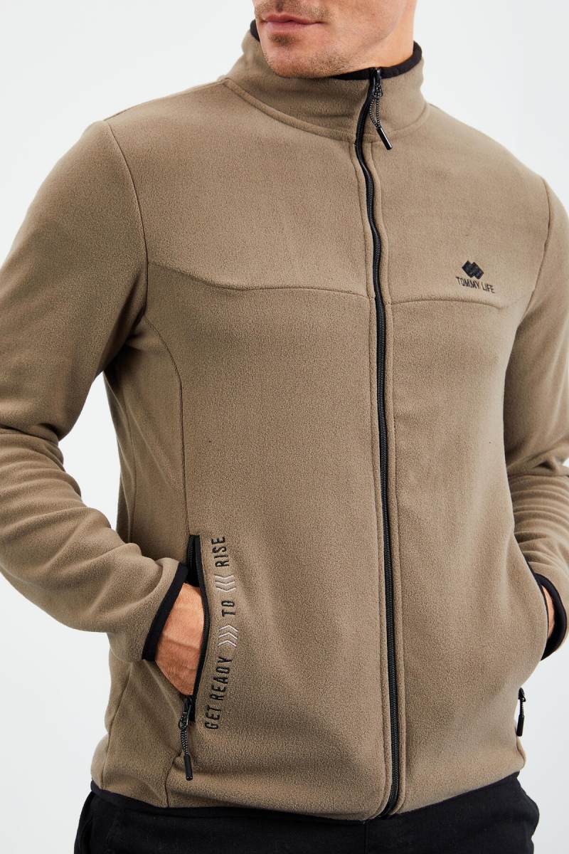 Camel Yazı Nakışlı Dik Yaka Fermuarlı Standart Kalıp Erkek Sweatshirt Polar - 87992