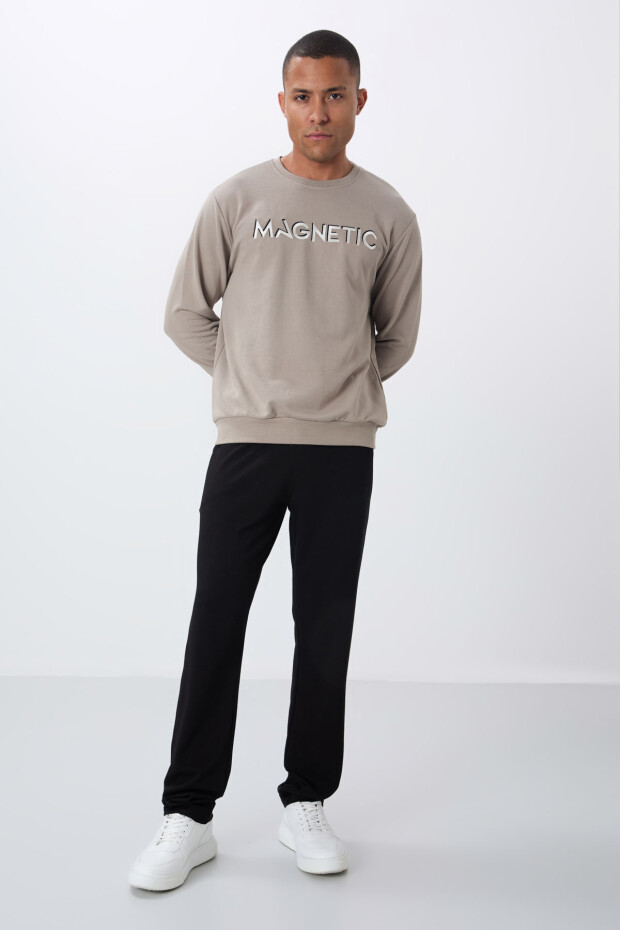 Camel Yazı Nakışlı O Yaka Rahat Form İçi Polarlı Erkek Sweatshirt - 88020