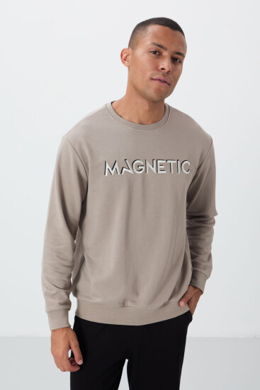 Camel Yazı Nakışlı O Yaka Rahat Form İçi Polarlı Erkek Sweatshirt - 88020 