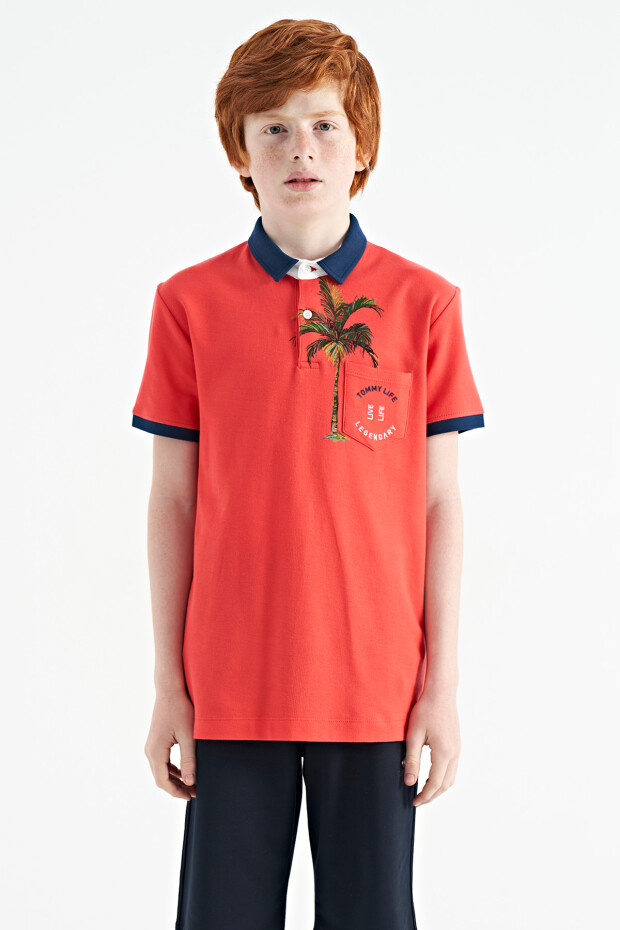 Coral Baskılı Cep Detaylı Standart Kalıp Polo Yaka Erkek Çocuk T-Shirt - 11144