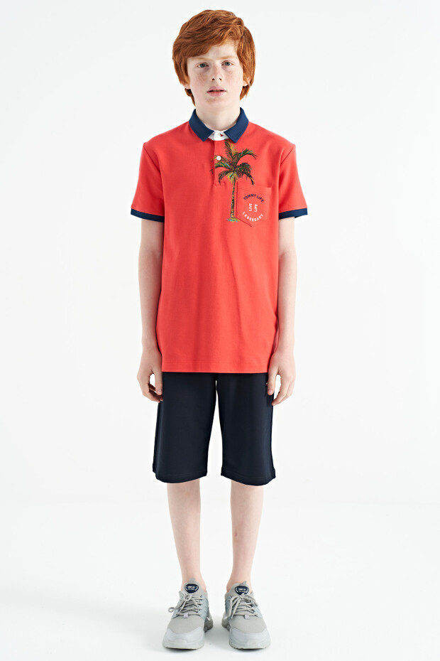 Coral Baskılı Cep Detaylı Standart Kalıp Polo Yaka Erkek Çocuk T-Shirt - 11144