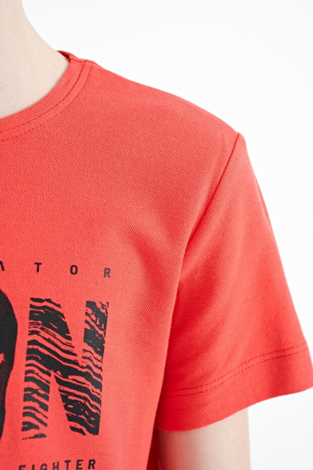 Coral Ön Yazı Nakışlı O Yaka Standart Kalıp Erkek Çocuk T-Shirt - 11118 - 3