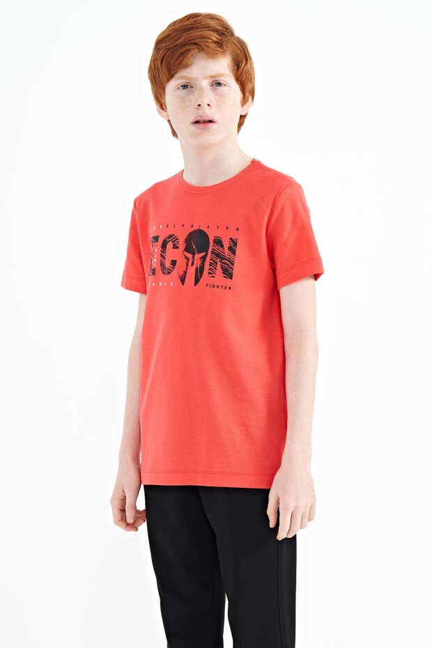 Coral Ön Yazı Nakışlı O Yaka Standart Kalıp Erkek Çocuk T-Shirt - 11118 - 7