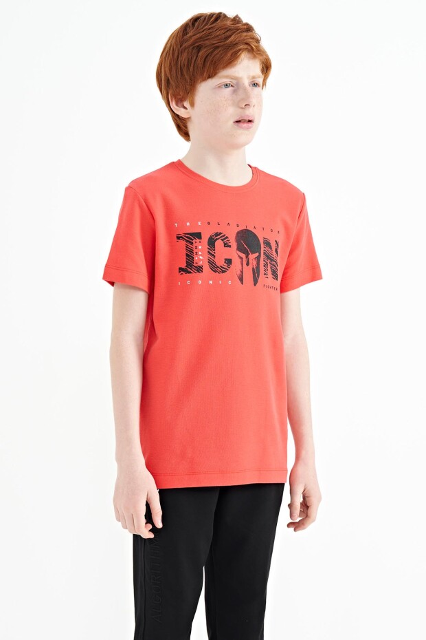 Coral Ön Yazı Nakışlı O Yaka Standart Kalıp Erkek Çocuk T-Shirt - 11118 - 5