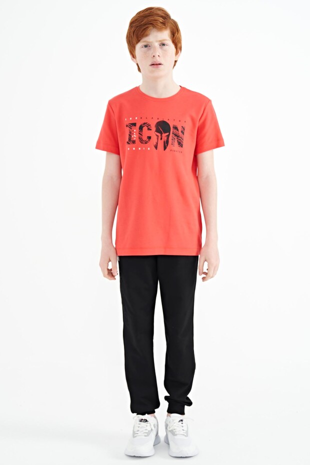 Coral Ön Yazı Nakışlı O Yaka Standart Kalıp Erkek Çocuk T-Shirt - 11118 - 2