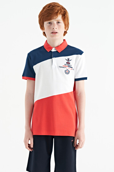Coral Renk Bloklu Nakış Detaylı Standart Kalıp Polo Yaka Erkek Çocuk T-Shirt - 11088 