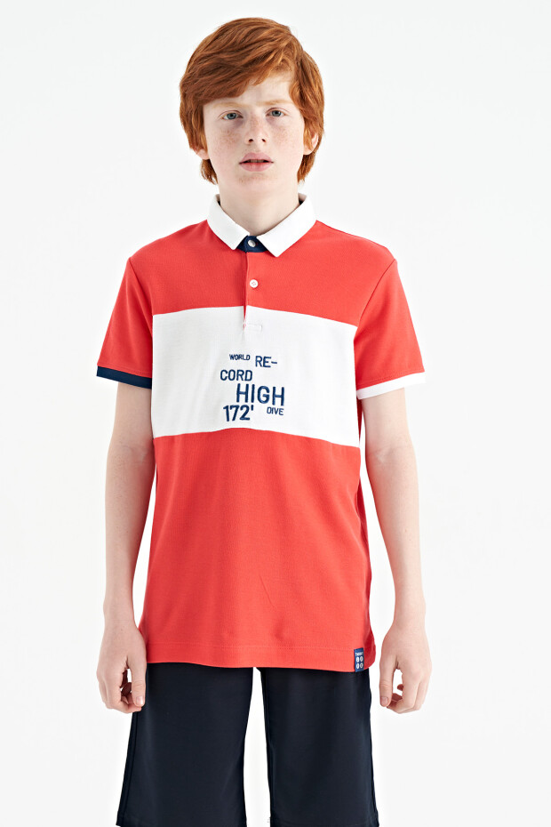 Coral Renk Geçişli Nakış Detaylı Standart Kalıp Polo Yaka Erkek Çocuk T-Shirt - 11110