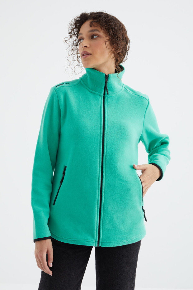 Deniz Yeşili Dik Yaka Fermuarlı Rahat Form Kadın Polar Sweatshirt - 97173