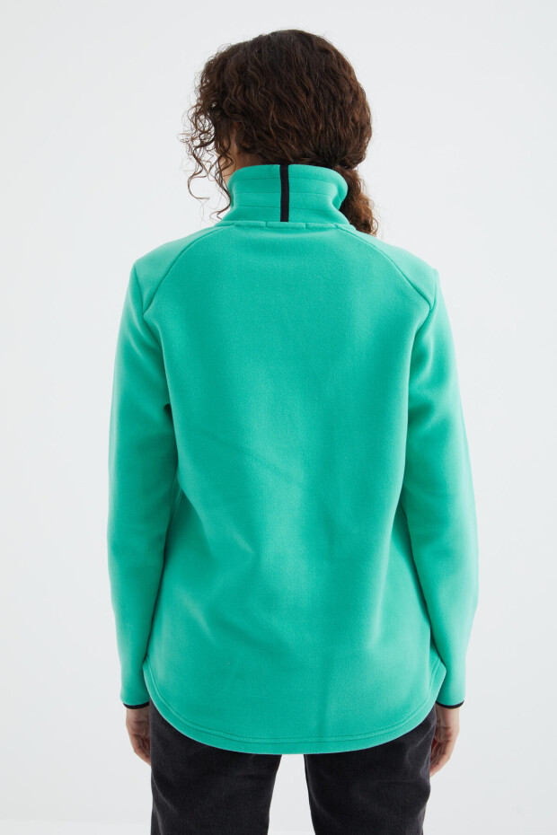 Deniz Yeşili Dik Yaka Fermuarlı Rahat Form Kadın Polar Sweatshirt - 97173