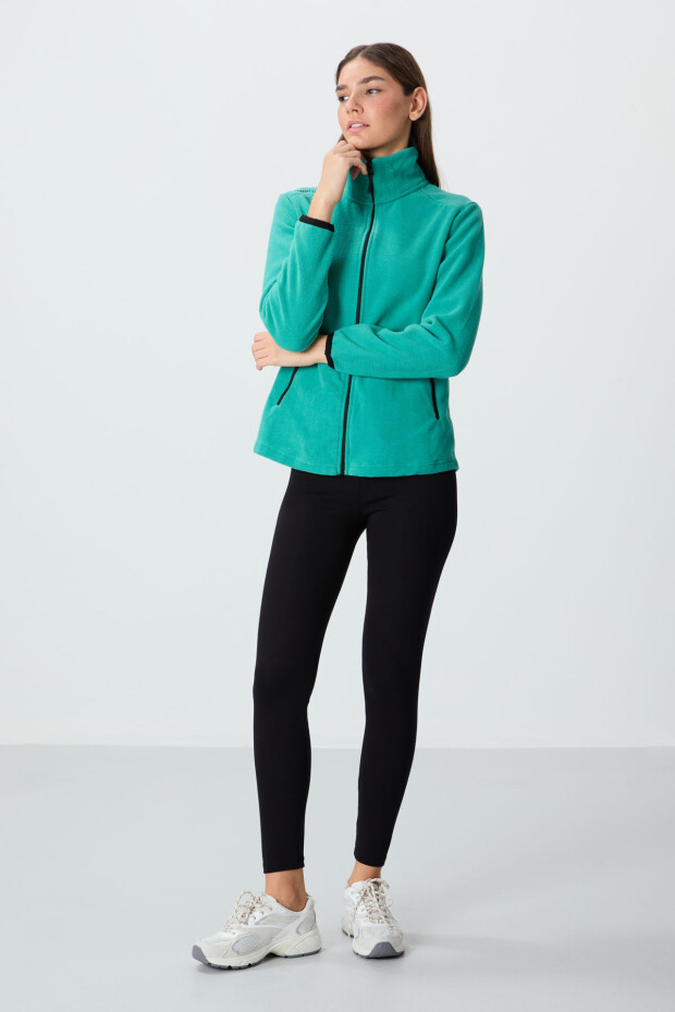 Deniz Yeşili Dik Yaka Fermuarlı Rahat Form Kadın Polar Sweatshirt - 97173 - 3