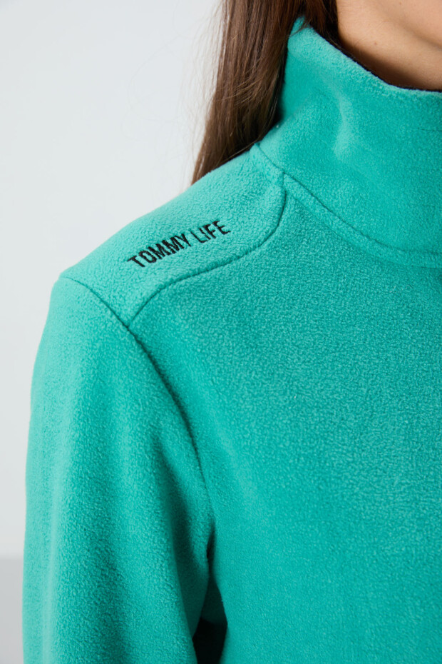 Deniz Yeşili Dik Yaka Fermuarlı Rahat Form Kadın Polar Sweatshirt - 97173 - 5
