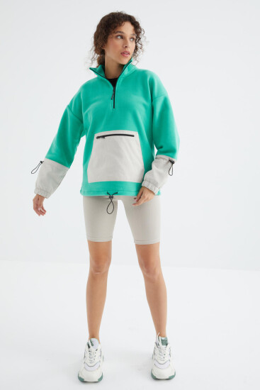 Deniz Yeşili Etek Ucu Büzgülü Yarım Fermuarlı Oversize Kadın Polar Sweatshirt - 97238 - TOMMYLIFE (1)