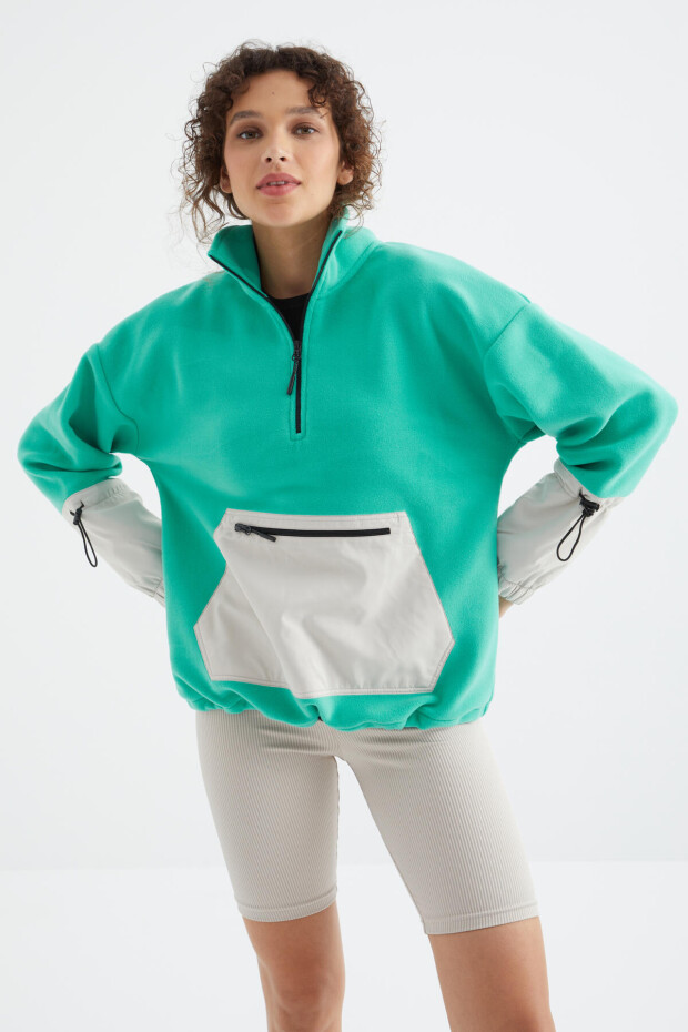 Deniz Yeşili Etek Ucu Büzgülü Yarım Fermuarlı Oversize Kadın Polar Sweatshirt - 97238