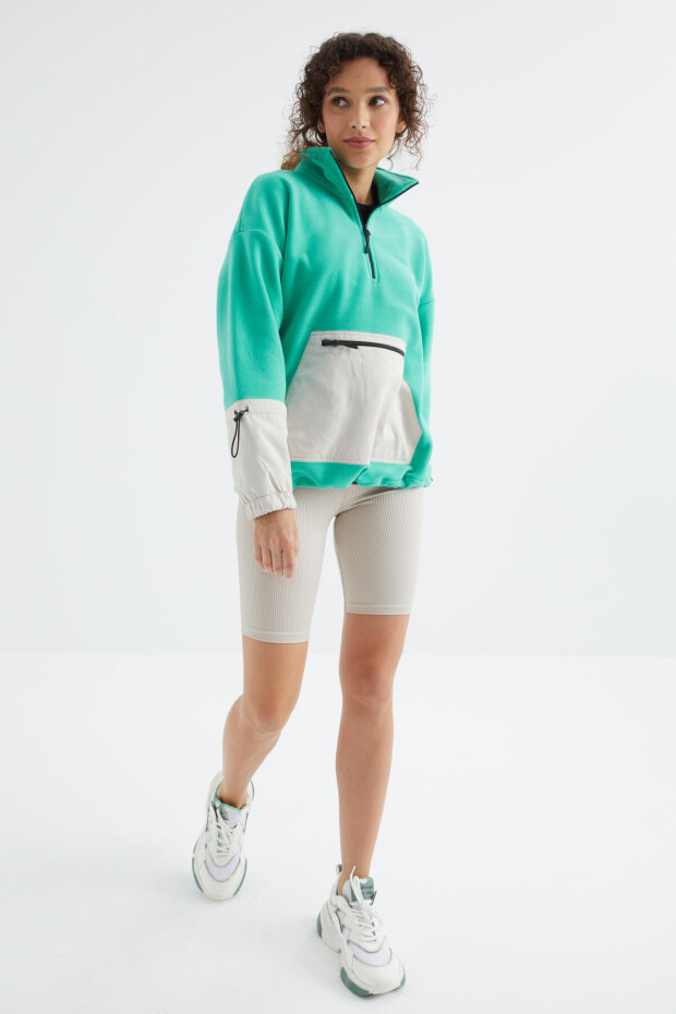 Deniz Yeşili Etek Ucu Büzgülü Yarım Fermuarlı Oversize Kadın Polar Sweatshirt - 97238