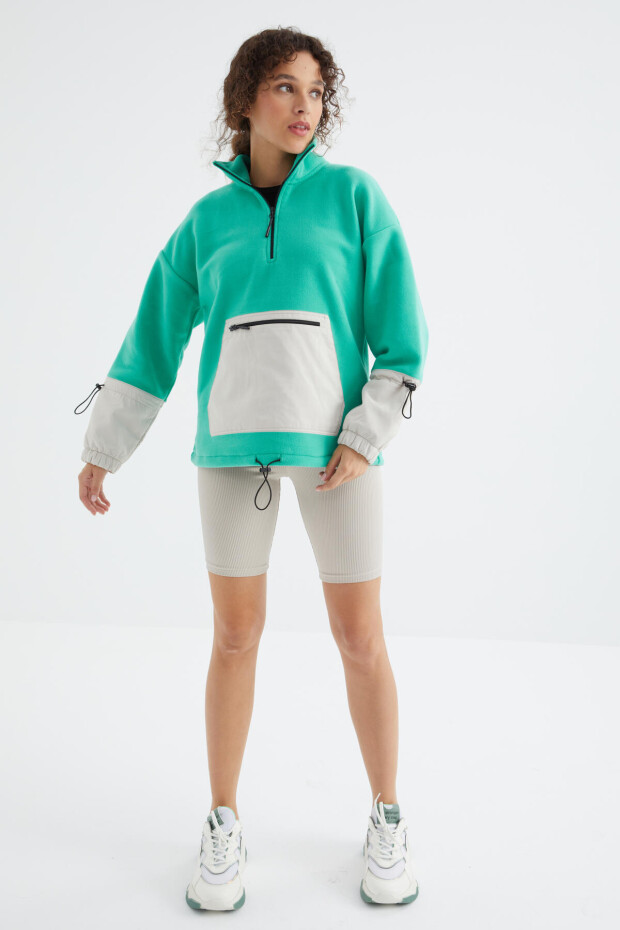 Deniz Yeşili Etek Ucu Büzgülü Yarım Fermuarlı Oversize Kadın Polar Sweatshirt - 97238 - 2