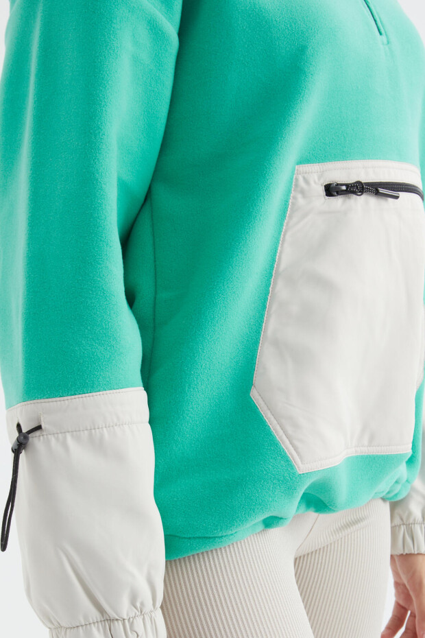 Deniz Yeşili Etek Ucu Büzgülü Yarım Fermuarlı Oversize Kadın Polar Sweatshirt - 97238 - 7