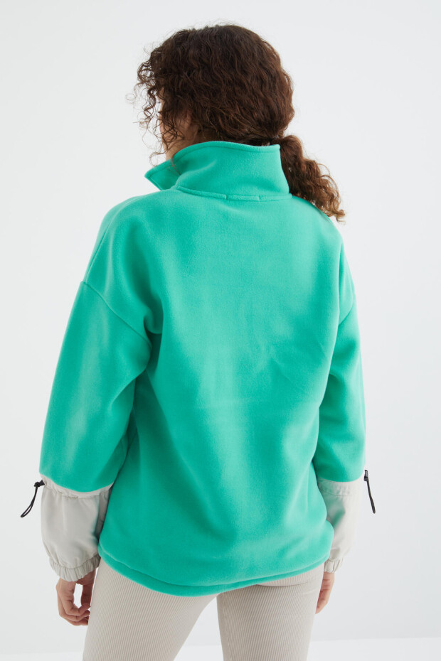 Deniz Yeşili Etek Ucu Büzgülü Yarım Fermuarlı Oversize Kadın Polar Sweatshirt - 97238 - 8