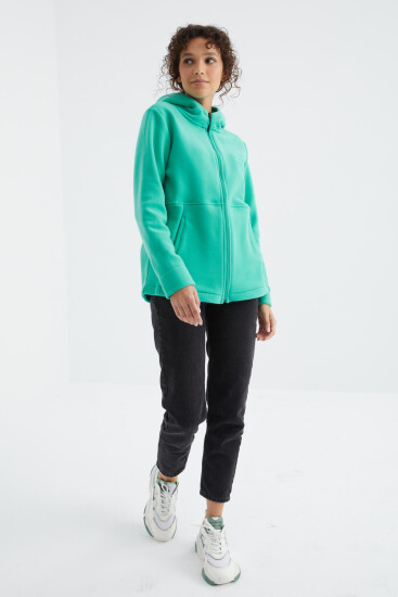 Deniz Yeşili Kapüşonlu Fermuarlı Rahat Form Kadın Polar Sweatshirt - 97233 - TOMMYLIFE (1)