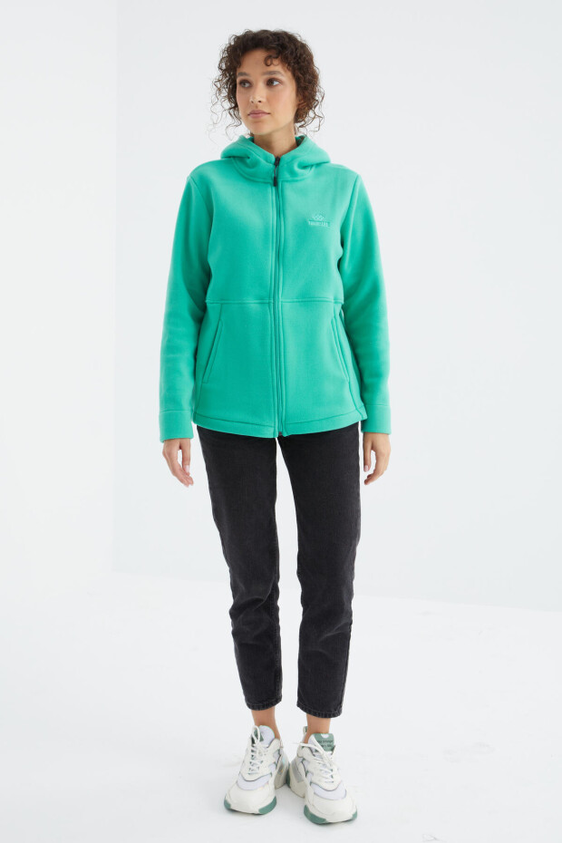 Deniz Yeşili Kapüşonlu Fermuarlı Rahat Form Kadın Polar Sweatshirt - 97233